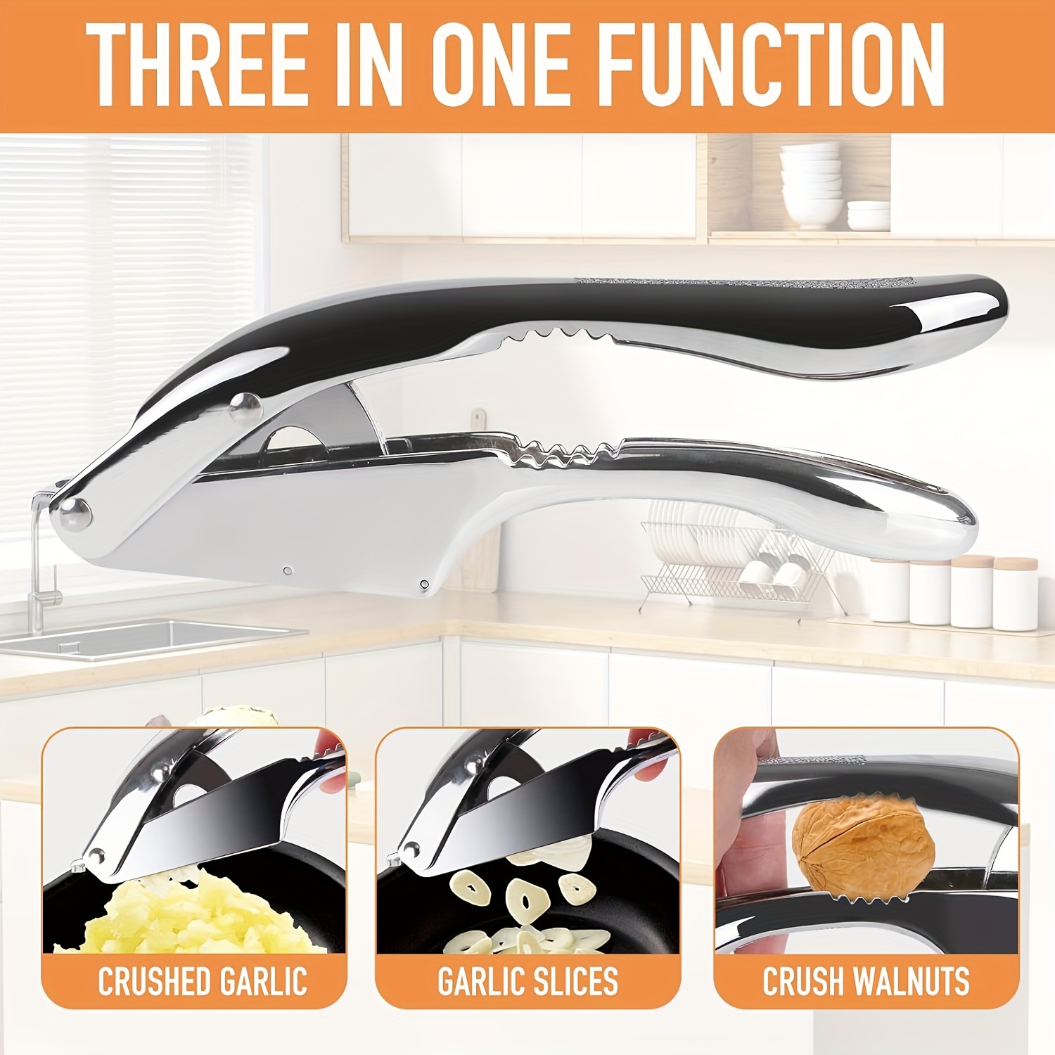 Multifunctional stainless steel garlic press, easy to crush, slice and mince garlic, can open walnuts, this multifunctional kitchen tool - perfect for home cooks and professional cooks