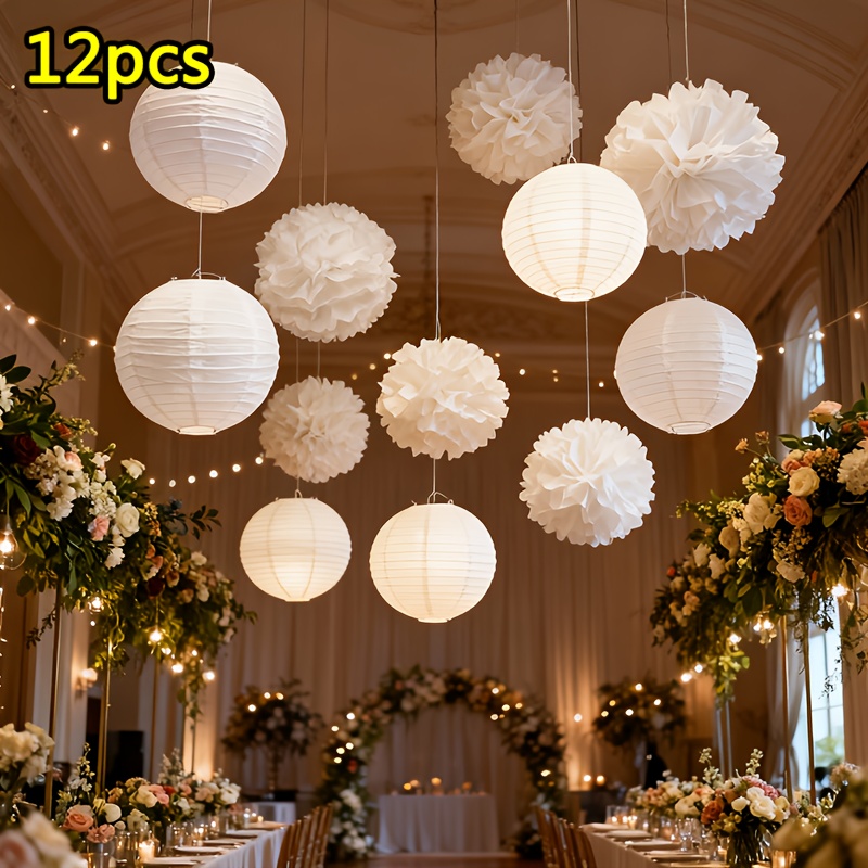 Image of White Wedding Decoration Set: 10 Inch White Lantern And Tissue Pom Poms Decorations, Includes 6 Lanterns And 6 Tissue Pom Poms For Wedding Decor - 12pcs/pack