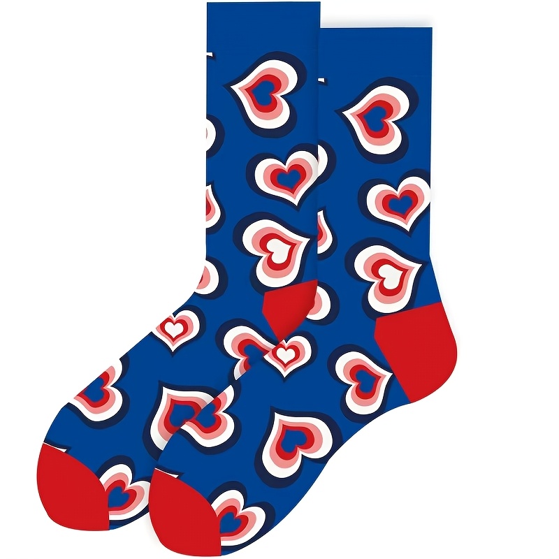 TEMU 1 Pair Unisex Trendy Heart Socks / Blue Sock Body With Colorful Hearts / Valentine's Day Geometric Colorful Socks / Dopamine Mid-calf Socks /