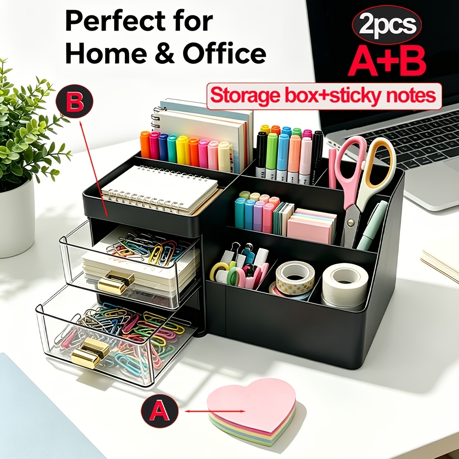 TEMU 2pcs Set: Drawer-style Desktop Organizer + Heart-shaped Sticky Note Set, Large-capacity Multi-compartment Stationery Storage Box, Office Desk