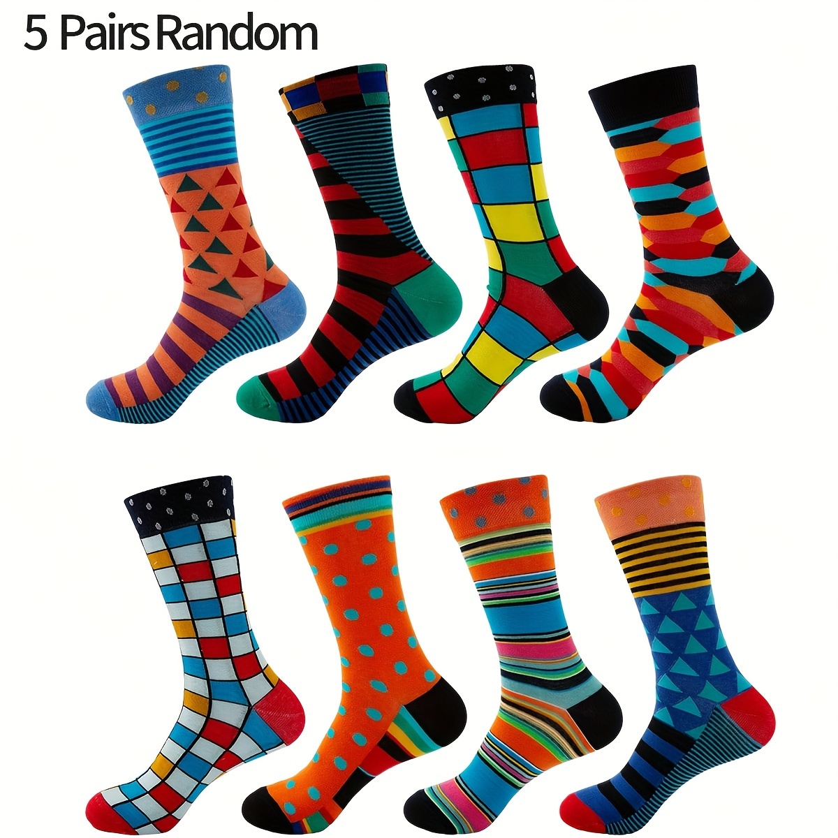 

5 Pairs Men's Mid-calf Socks, Geometric Pattern Socks, 95% Polyester 5% Spandex, Knit Fabric, 300g/m², Hand Wash Only, Assorted Colors