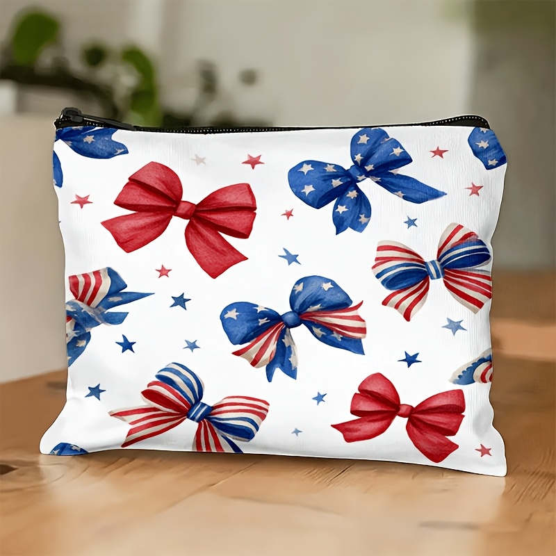 TEMU 2d White Stripes Bow Pattern Makeup Bag, Travel/vacation/business/fitness/camping, Toiletry/makeup/shopping/washing, With Zipper/cozy All-match/portable/fashionable Style, Day