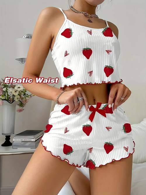 womens strawberry print lace ruffle pajama set crew neck spaghetti strap crop top and bow accent shorts comfortable loose fit summer sleepwear