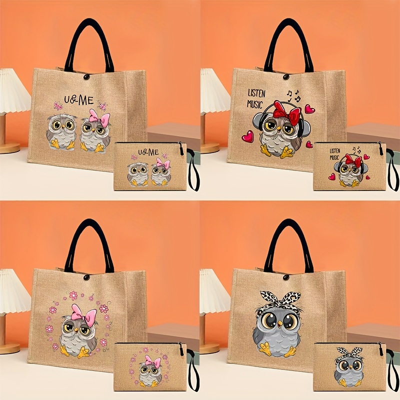 

2pcs Cartoon Owl Pattern Tote Bag Set, Lightweight Burlap Shopping Bag, Portable Travel Beach Bag With Makeup Bag, Valentine's Day Gift