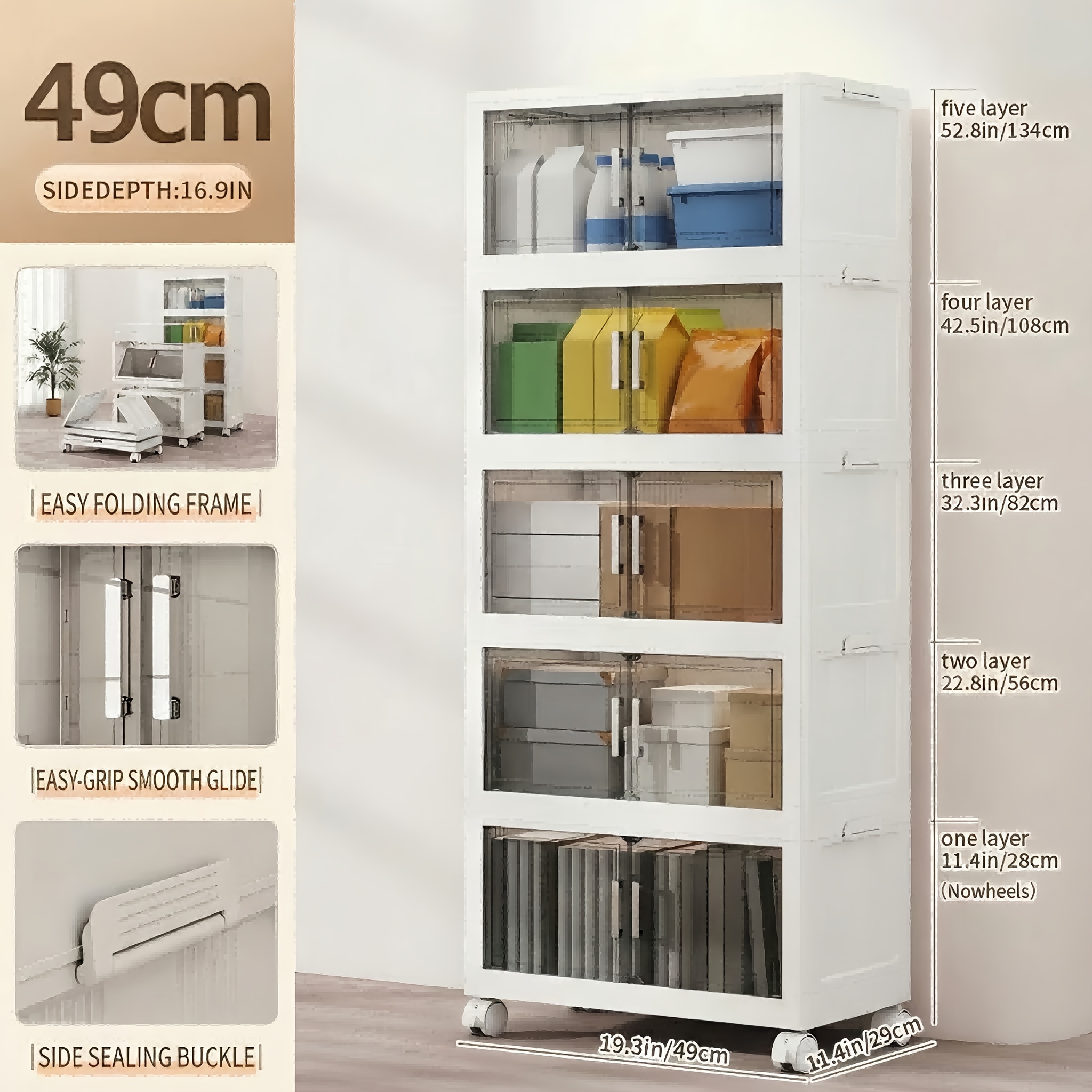 E-shop 1/3/4/5 49cm Ebenenoptionen Extra Breiter Klappbarer Aufbewahrungsschrank mit Rädern Staubschutzdeckeln Stapelbarer Kunststoff-Organizer für