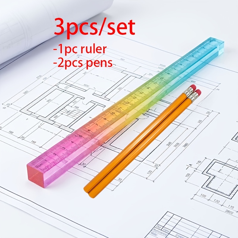 TEMU Ensemble de 3 pièces : 1 règle droite colorée de cube et 2 crayons, outil de dessin géométrique 2-en-1, outils de mesure de dessin de papeterie