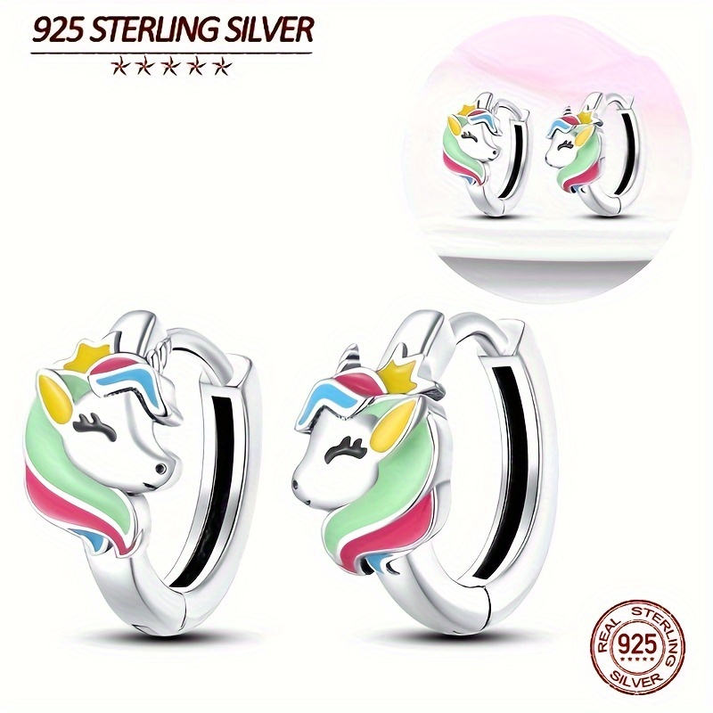 

Exquisite S925 Sterling Silver Rainbow Pony Earrings, -color Diy Fashion Jewelry For Women, Birthday Holiday Gift, 3 Grams