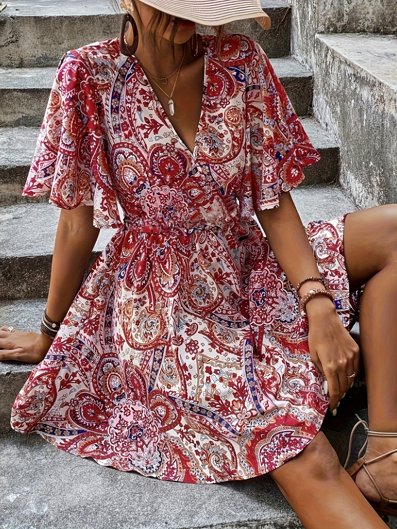 TEMOFON Women's Wrap Dresses Bohemian Floral Printed Summer Casual