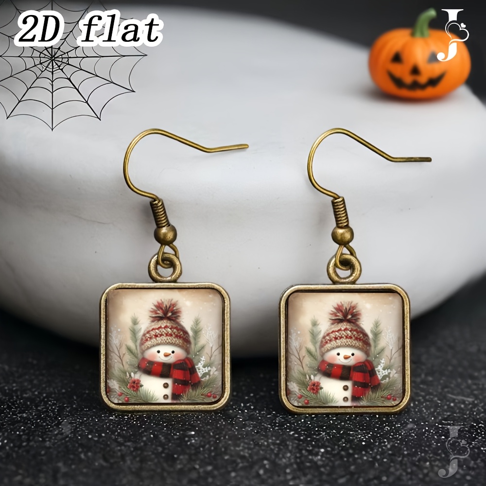 TEMU 1 Pair Of Christmas Cute Knitted Hat, Snowman, Red Scarf, Pine Branch, Snowflake Square Earrings, Glass Dangle Earrings, Handmade Jewelry Gift,