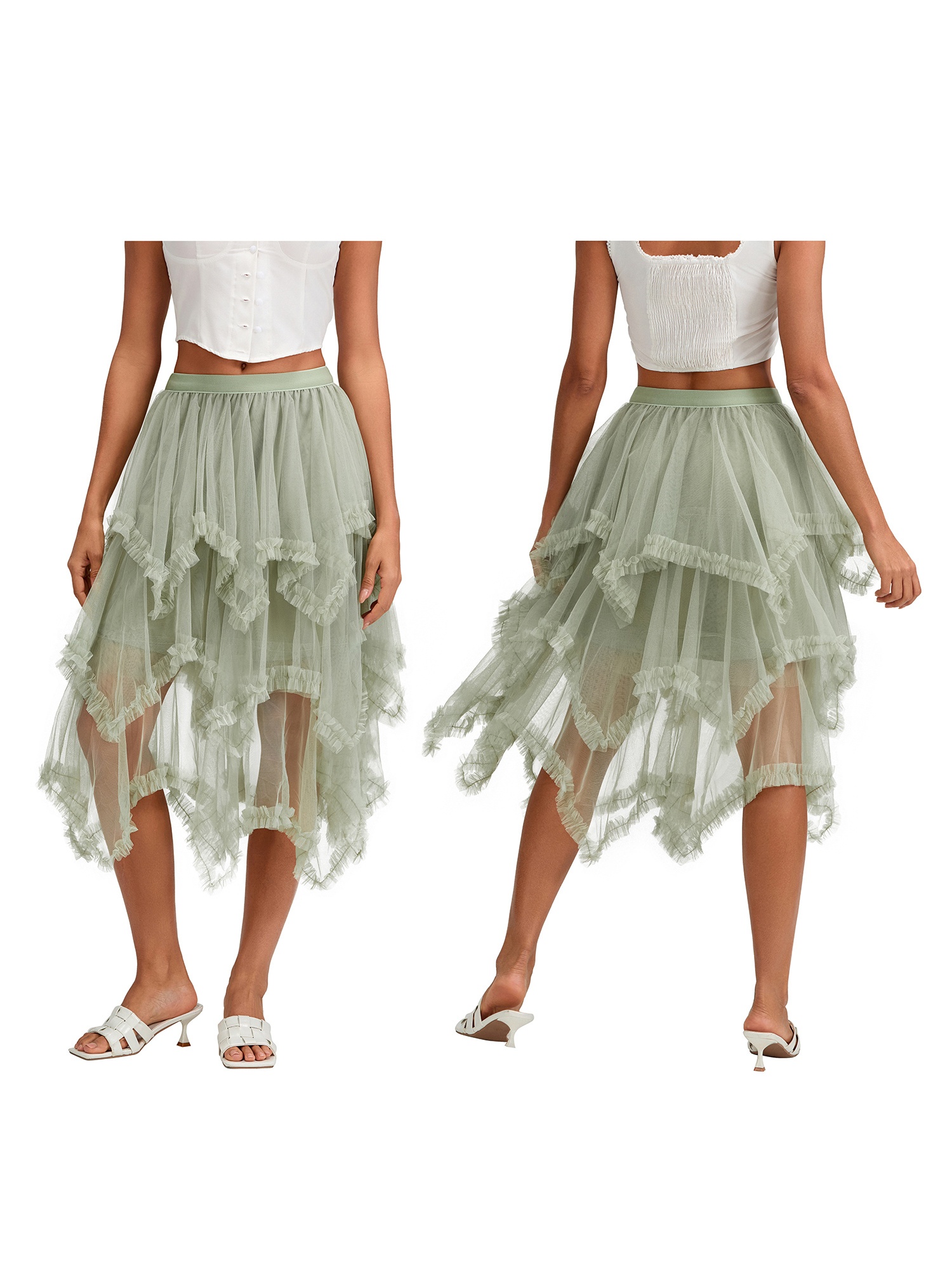 elegant high waist tulle midi skirt frill trim solid color - Temu