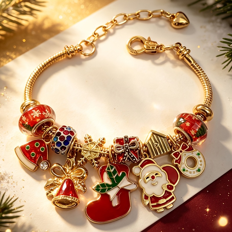 TEMU Pulsera de serpiente de cuentas con temática navideña, colgante de de regalo de calcetín navideño con campana y gorro de Papá Noel, pulsera de