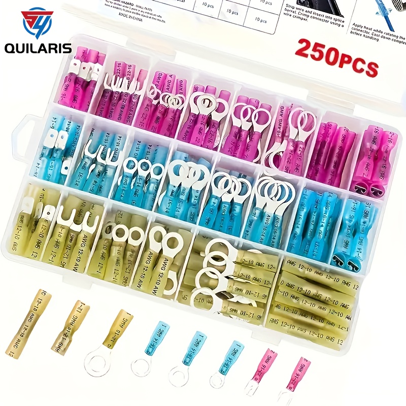 

250pcs Heat Shrink Wire Connectors, Waterproof Automotive Marine Electrical Terminals Kit, Crimp Connector Assortment, Ring Fork Spade Splices