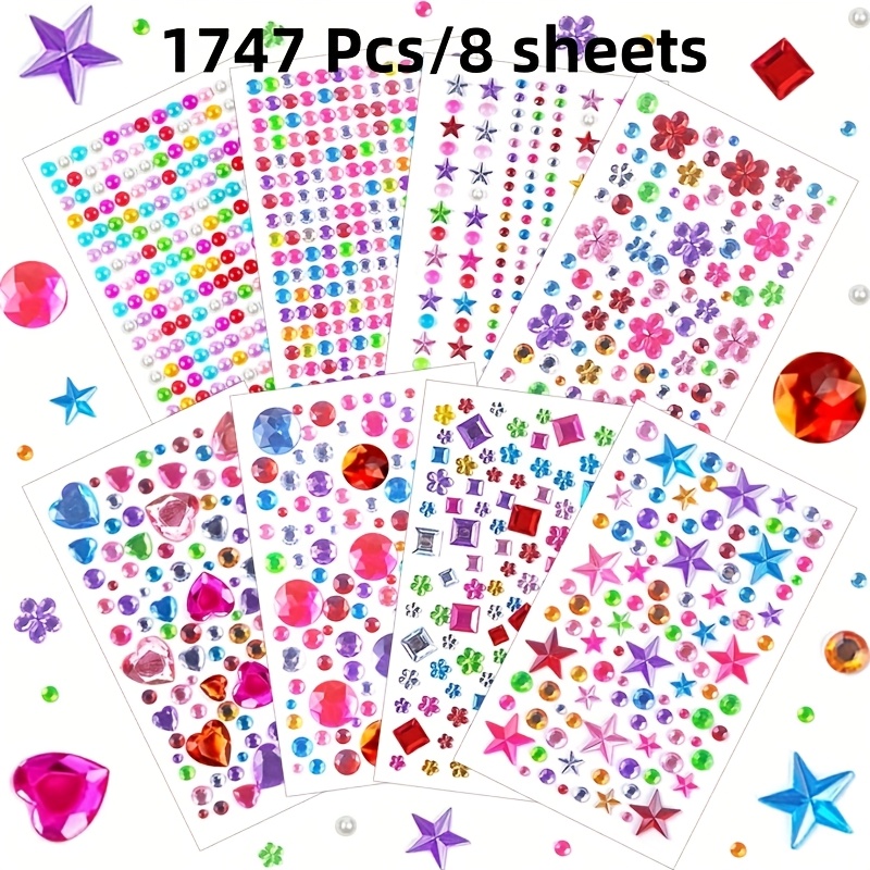 TEMU 1747pcs/8 Sheets Gemstone Stickers, Self-adhesive Jewelry Stickers, Sparkling Stickers, Facial Gemstones, Gemstones, Sequin Stickers, Used For