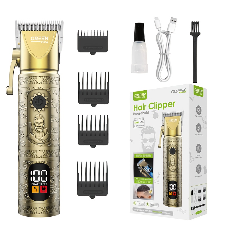Charge rapide avec USB-C, affichage numérique, qualité rétro dorée, tondeuse à cheveux sans fil, longue autonomie, tondeuse professionnelle pour hommes avec câble de charge et planche de guidage, outil de soin personnel, structure durable, cadeau de vacances