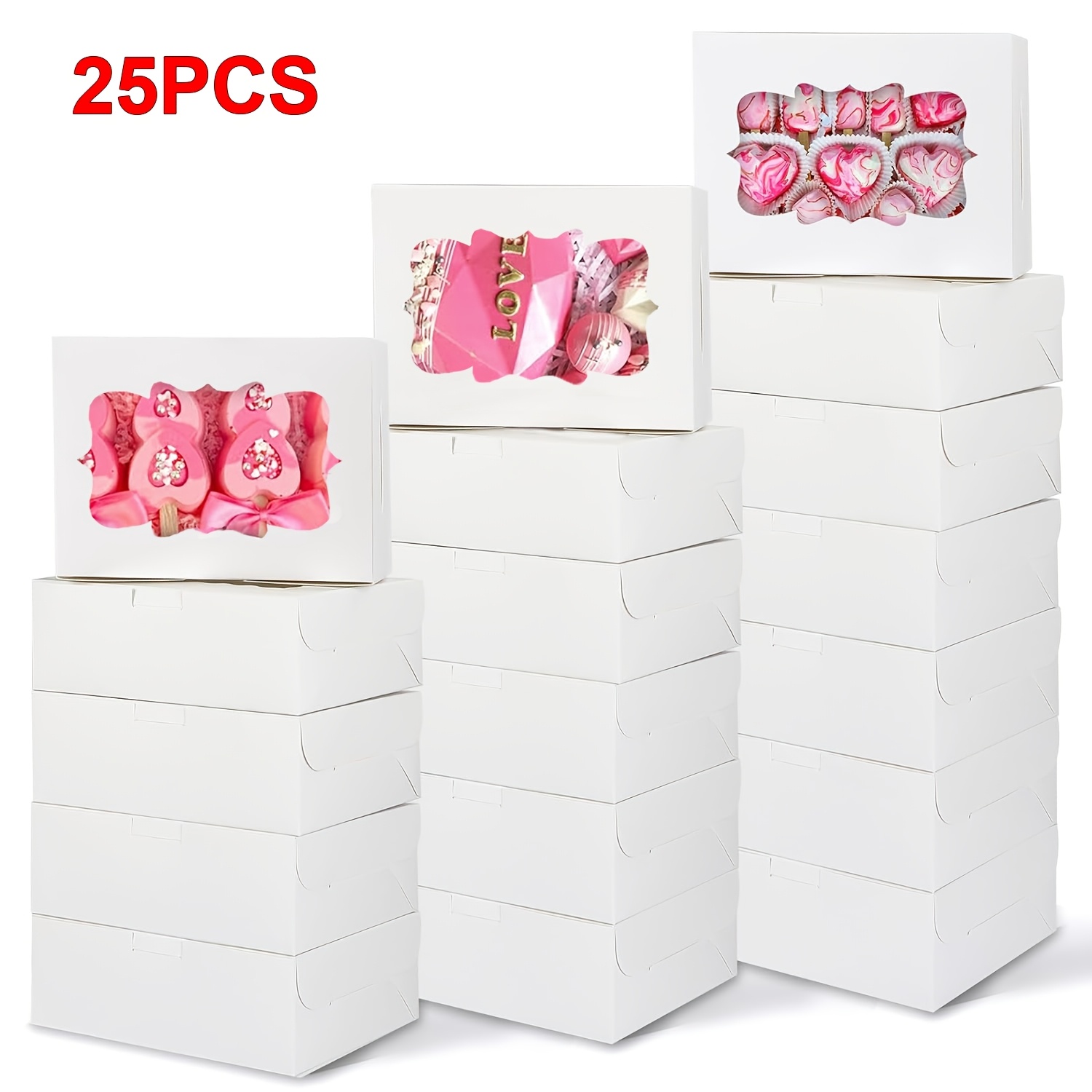 E-shop 25 Stück Fenster-Bäckereiboxen mit Deckel - Papier-Behälter für Kuchen, Donuts, - Vielseitig für Bäckereien, Desserts, Partys (8x6x2,5 Zoll)