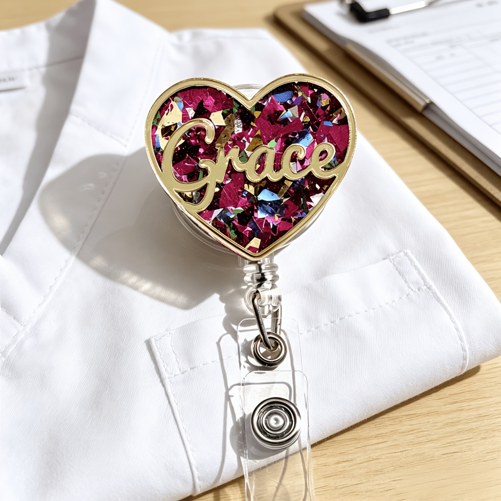TEMU 2d 1pc Personalized Custom Name Heart-shaped Stretchable Badge Scroll, Personalized Acrylic Glitter Sequined Id , Stretchable Medical Work Card