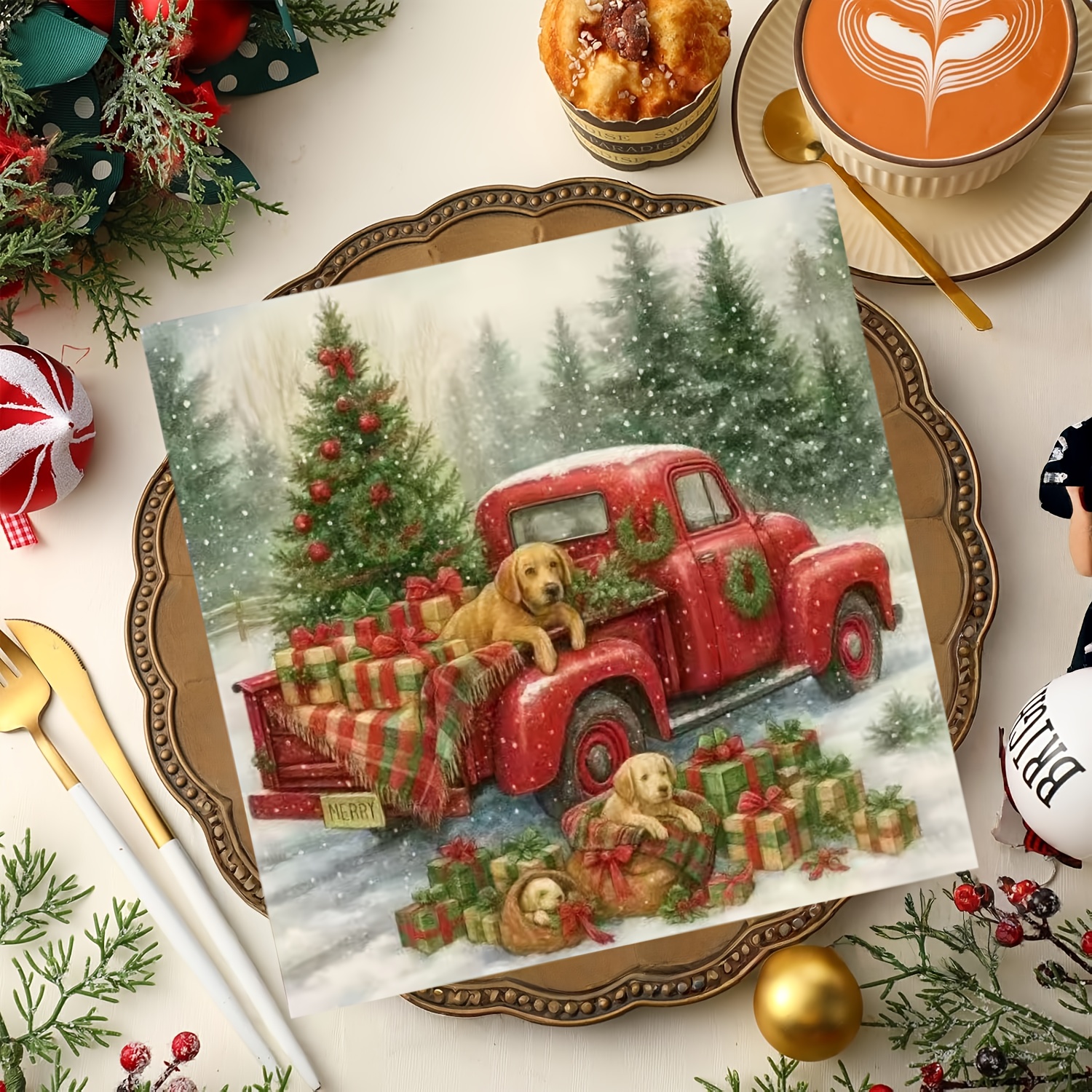 TEMU Set Of 20 Christmas-themed Cocktail Napkins Featuring A Vintage Presents, A Cut Christmas Tree, And Cute Puppies, Perfect For Decorating Your