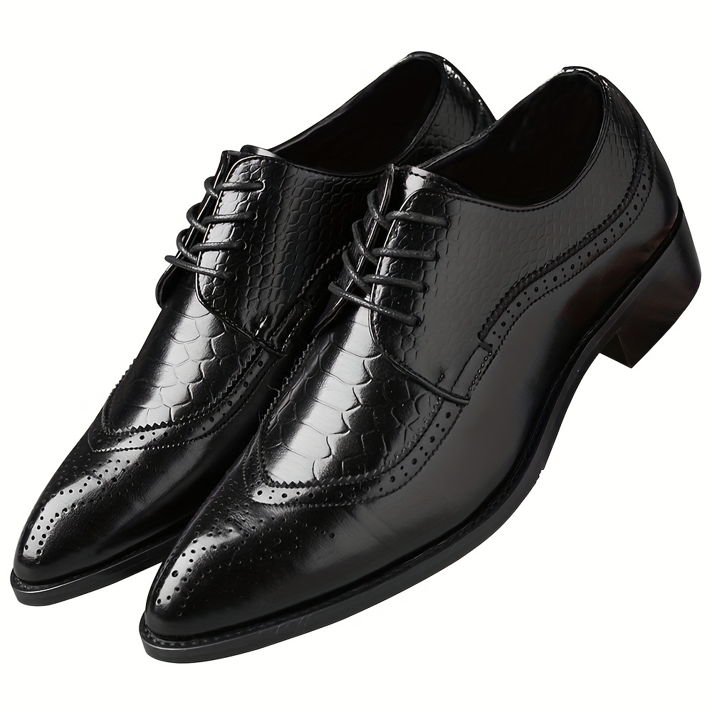 

Black Derby Shoes For Man Crocodile Pattern Pointed Toe Shoes Lace Up Brogue Business Shoes