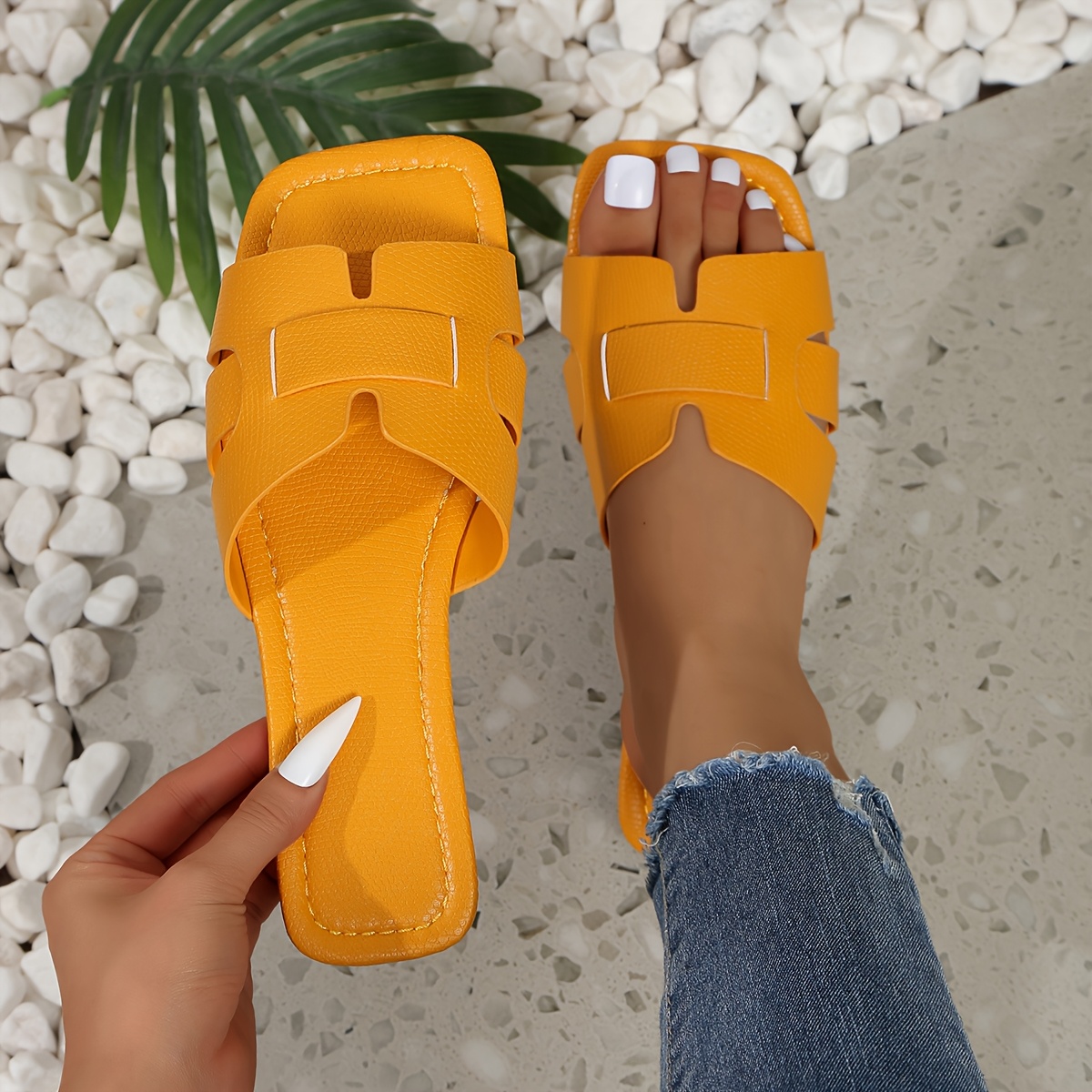 Women'S Flat Sandals - Colorful Square Toe Slip-On Shoes with Faux Cover Upper & Sole, Casual Summer Monogram Footwear in White, Pink, Yellow, Blue, Green & More, Everyday Sandals | Square Toe Design | Synthetic Cover Sandal