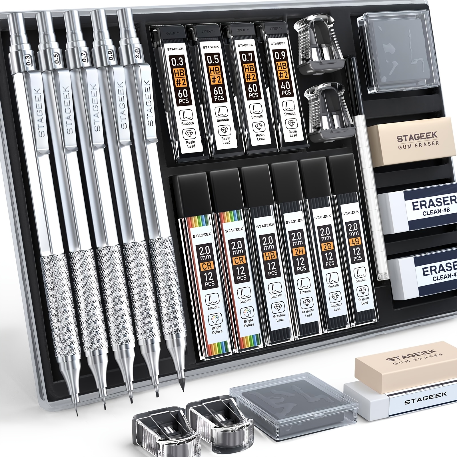 TEMU 21pcs Metal Mechanical Pencil Set, Art Lead Pencil 0.3, 0.5, 0.7, 0.9, 2mm Holder (hb 2h 2b 4b Color) With 10 Tubes Graphite Lead Refills Eraser