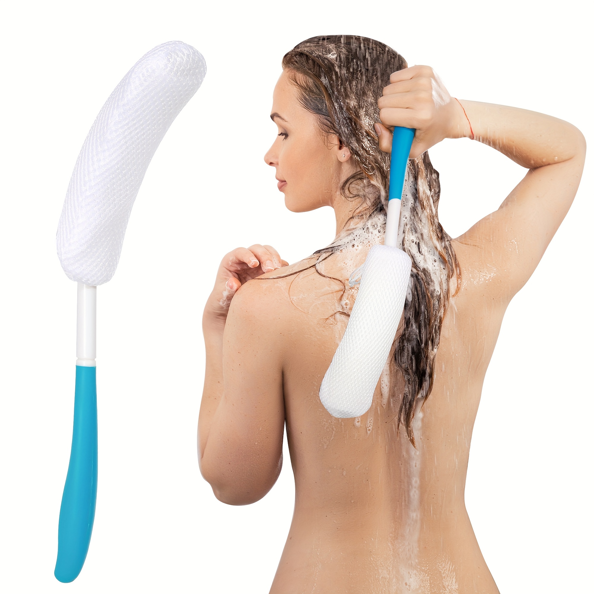 1pc long handle back scrubber shower brush non slip curved   bristles for   gentle exfoliation white with blue accent   beige scrubber curved handle brush comfortable use Product details 1