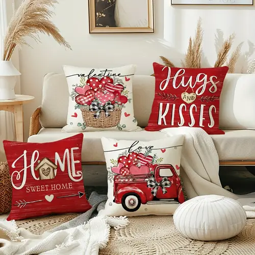 4pcs valentines day throw pillow covers flowers truck printing home terrace courtyard decoration pillowcases love heart wedding party decoration for sofa living room bedroom office patio cushion covers farmhouse without pillow inserts