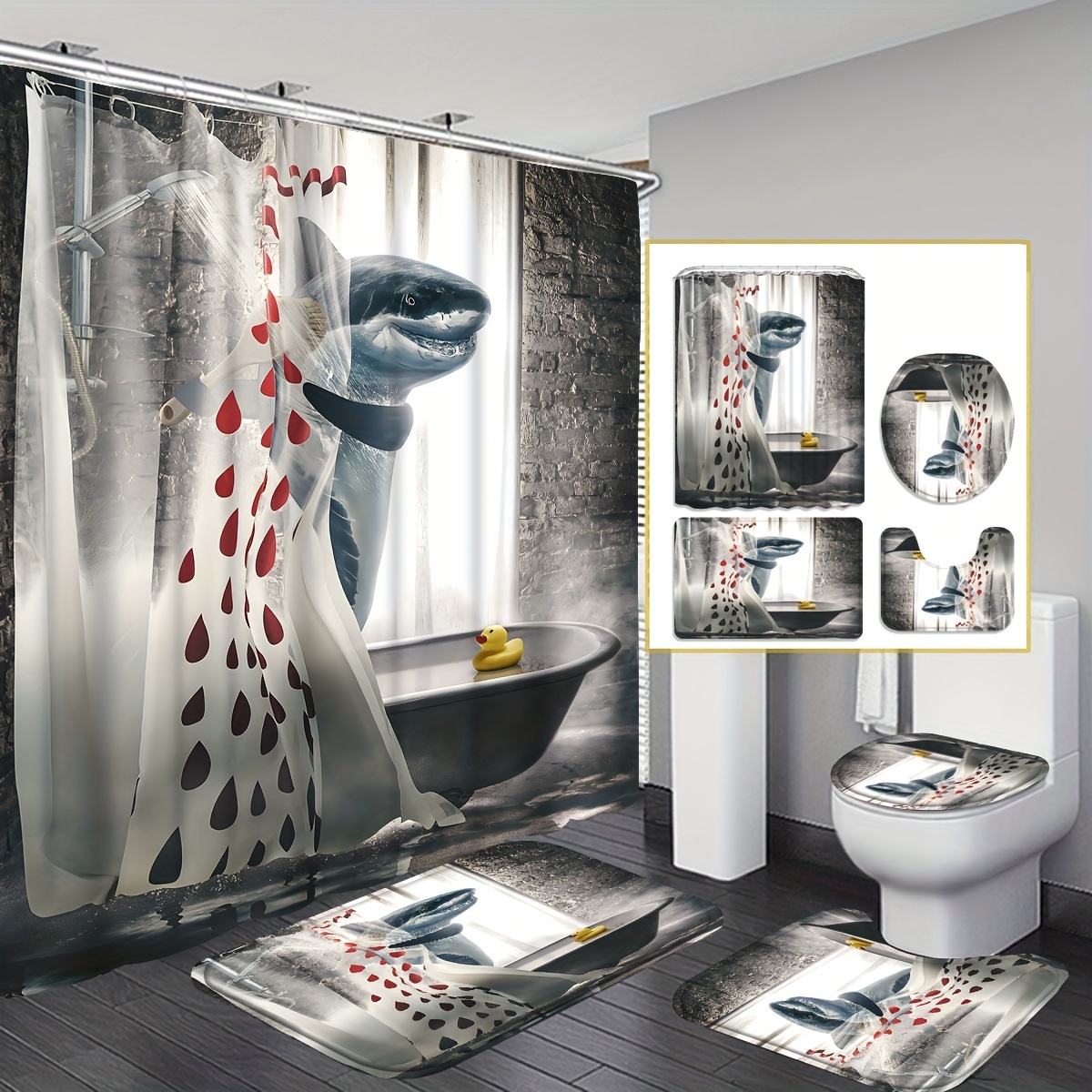 Shark Print Shower Curtain Set Funny Waterproof Shower - Temu