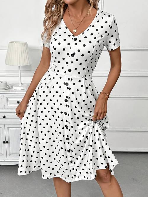 womens vintage elegant polka dot v neck short sleeve waist cinching dress summer womens dress suitable for daily dates wedding bridesmaid