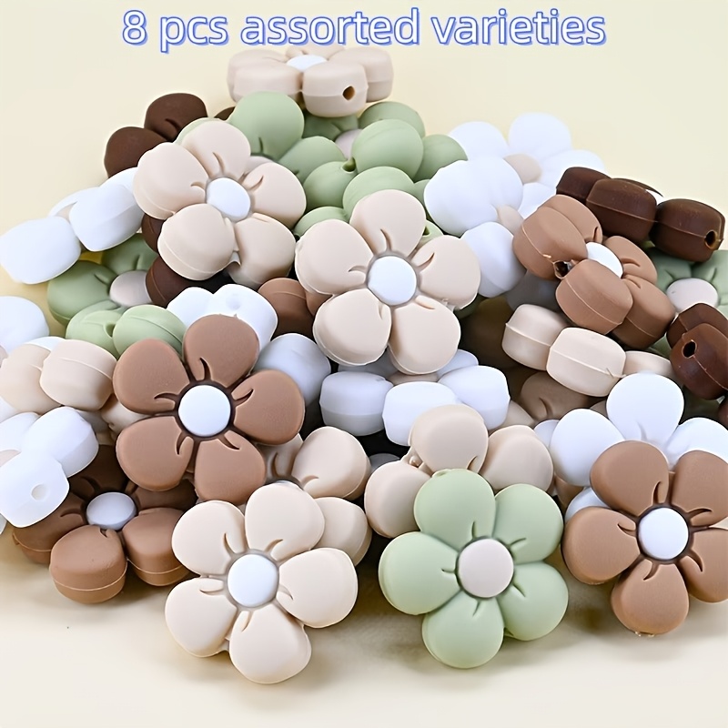 TEMU 8pcs Random Mixed Colors Hole-drilled Flower Silicone Bead Strands Handmade Materials Additions, Necklace, Bracelet, Ear Jewelry And Other
