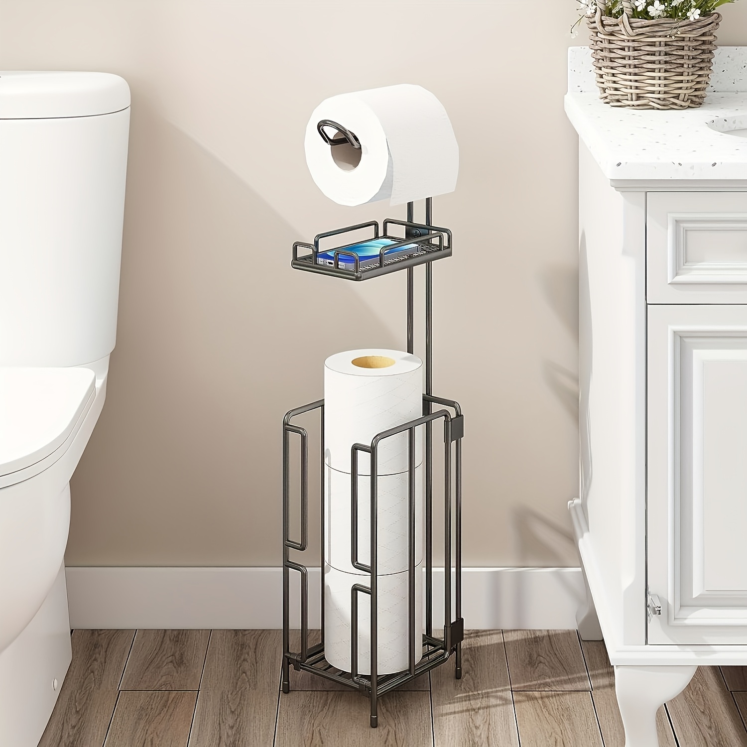 TEMU Freestanding Floor‑standing Toilet Paper Holder With Bottom Storage For 3 Spare Rolls, Slim Space‑saving, Assembly, Multifunctional Paper For