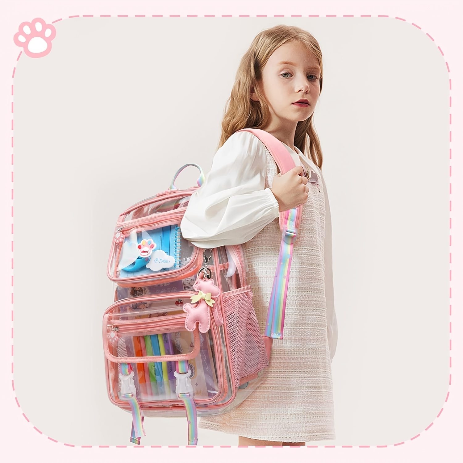 TEMU Clear Backpack For Girls, Cute Transparent Heavy Duty Kid School Book Bags With Complimentary Gift (purple)