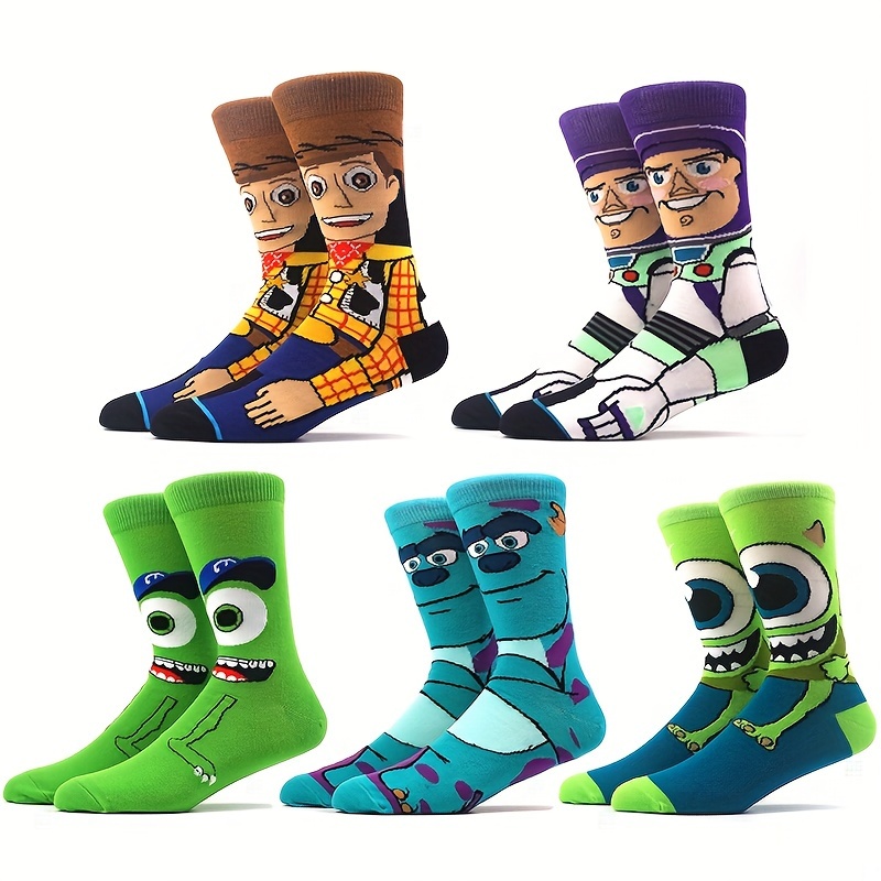 

5 Pairs Of Men's Trendy Cartoon Novelty Crew Socks, Breathable Comfy Casual Unisex Socks For Outdoor Wearing, All Seasons Wearing