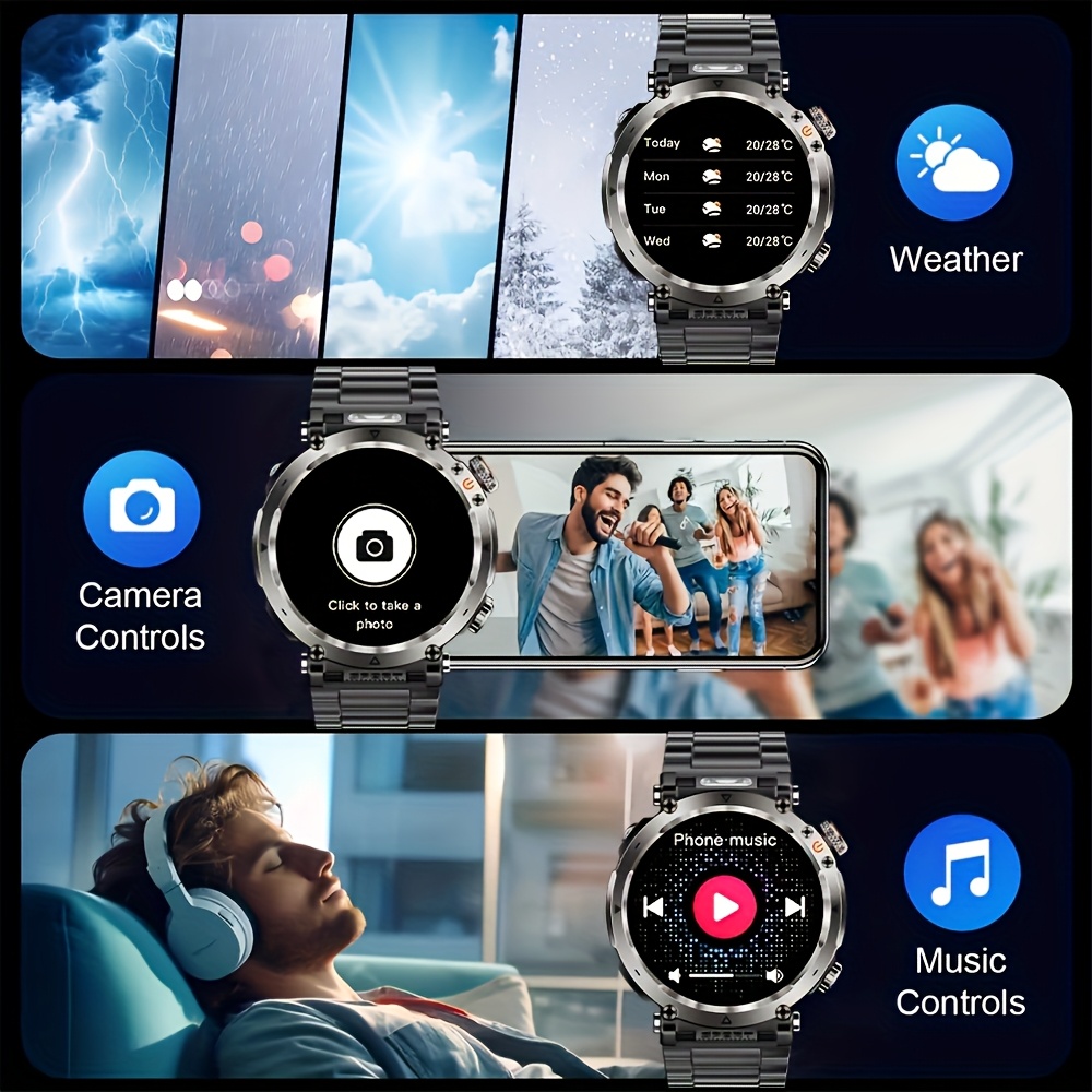 Montre Connectée de Sport d'Extérieur 1.7 pouces, Convient aux Hommes, Supporte Wireless 5.0, Écran IPS 360P, Boîtier en Alliage, en Silicone, Batterie Rechargeable 600Mah, Plus de 100 Modes Sportifs, Boussole, Fonction de Conversation, Chargement USB, Super Lampe Torche