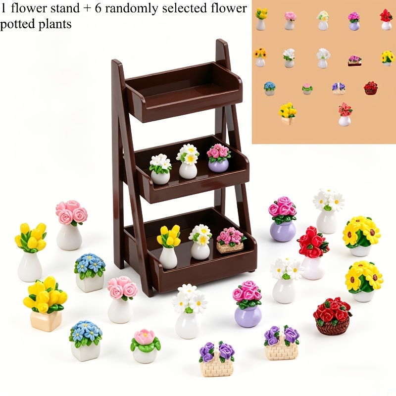 TEMU 7pcs/set, Includes A 1:12 Scale Miniature Three-tiered Shelf And 6 Random Potted Plant Model Ornaments. Suitable For Decorating Model Houses, ,