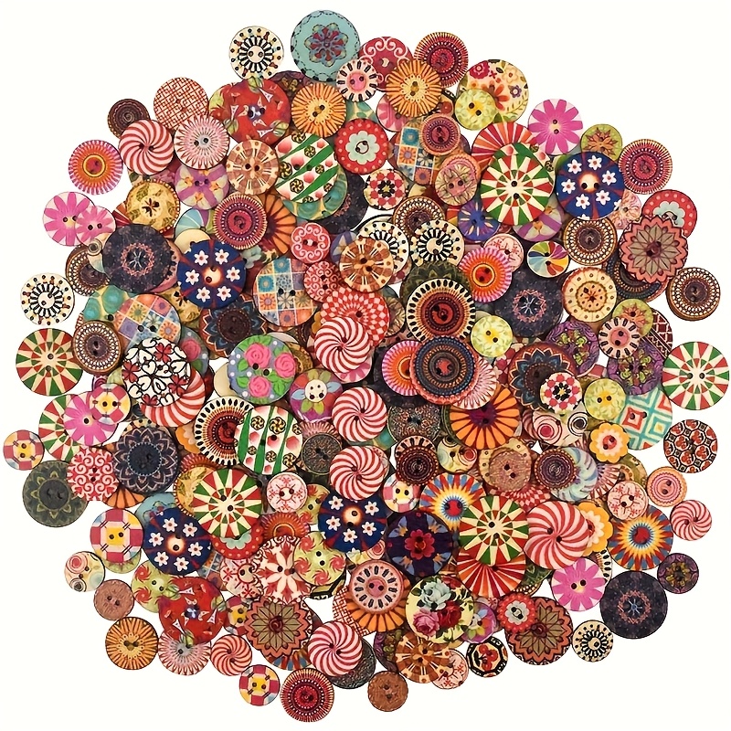 vintage buttons 100pcs mixed color wooden buttons for crafts sewing supplies colorful 2 hole decorative sewing buttons with floral and geometric patterns craft and art supplies in assorted colors