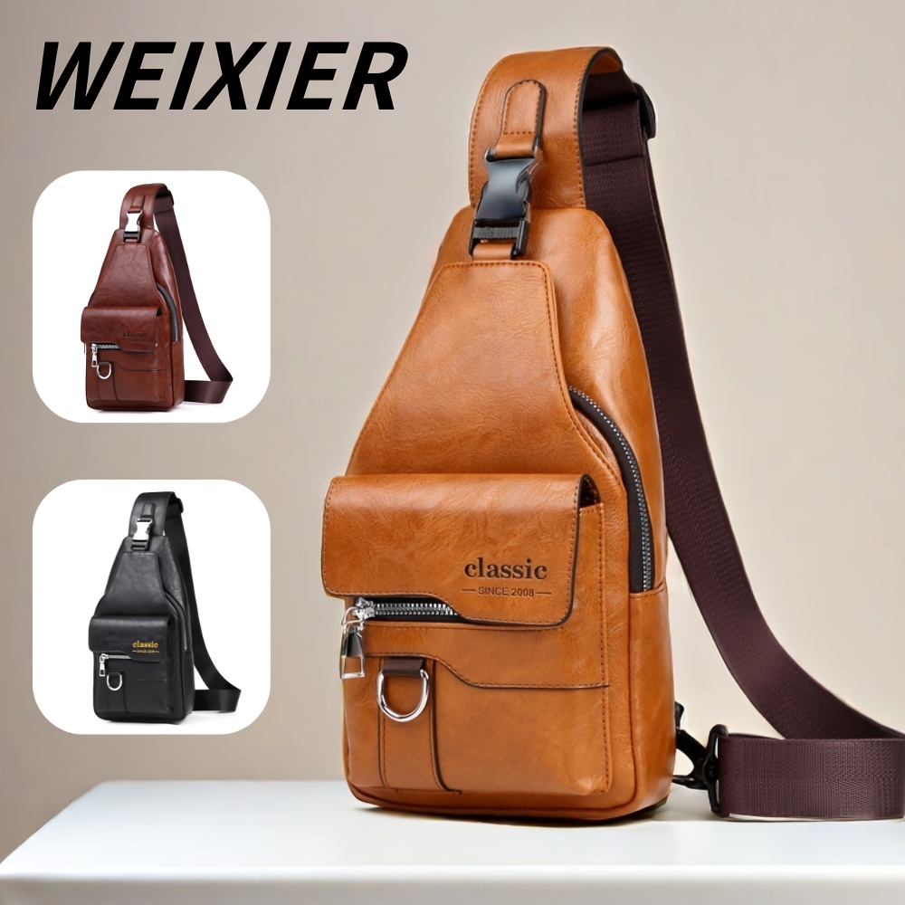 

Weixier Vintage-style Pu Leather Sling Bag For Men – Adjustable Strap, Multiple Pockets, Large Capacity, Brown/black With Zipper Closure & Earphone Hole, Work, School, Travel & Gifts