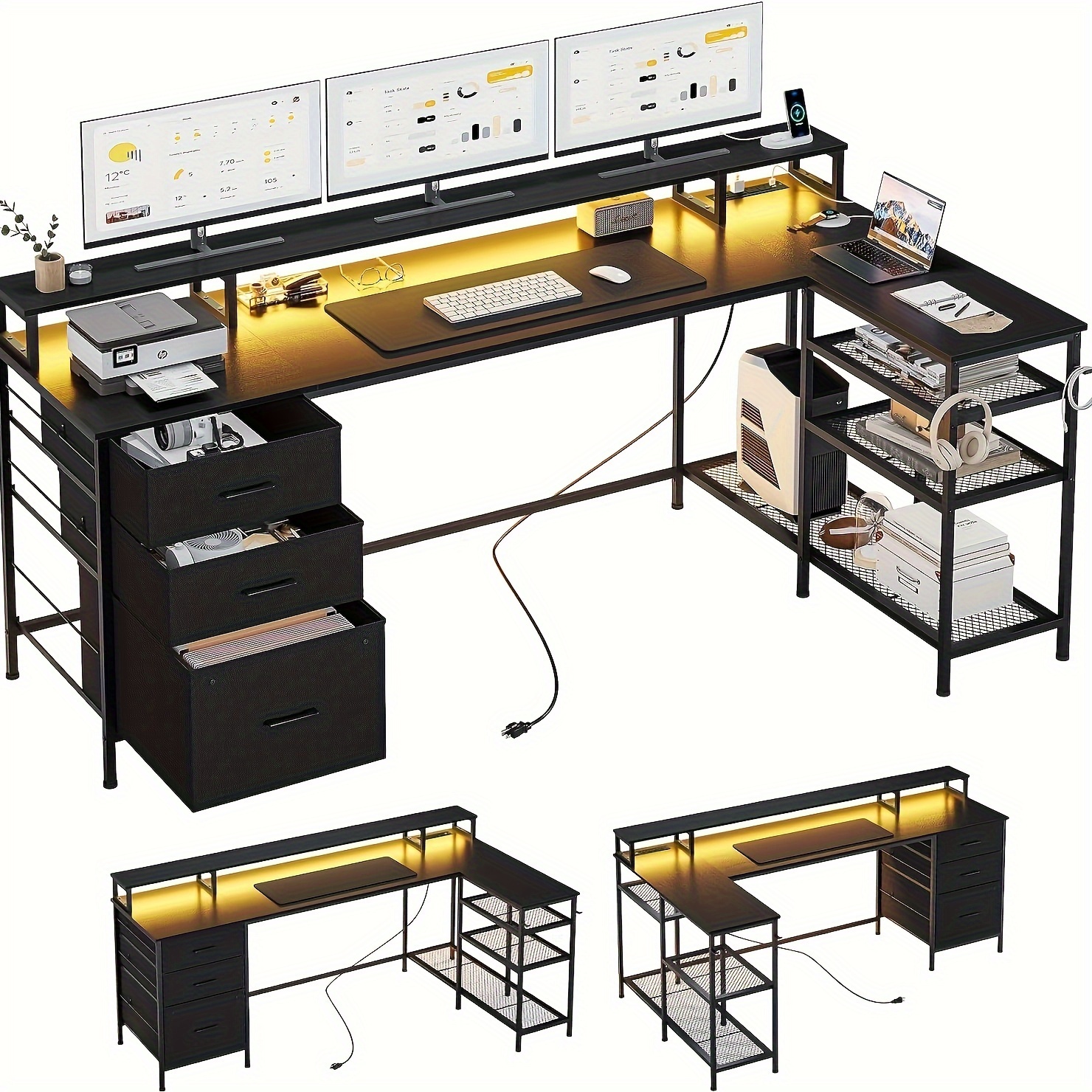 

1pc Shaped Computer Desk With 3 Drawers, 78" Reversible Gaming Desk With Power Outlet And Led Light, Home Office Desk With Storage Shelves