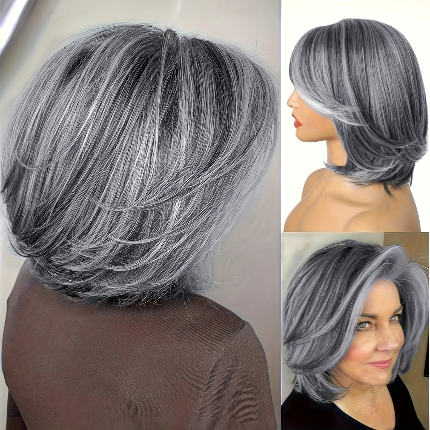 

Elegant Light Grey Cut Wig With Curtain Bangs For Women - Layered Shaggy Synthetic Bob, Highlighted Silvery Gray, Medium Length