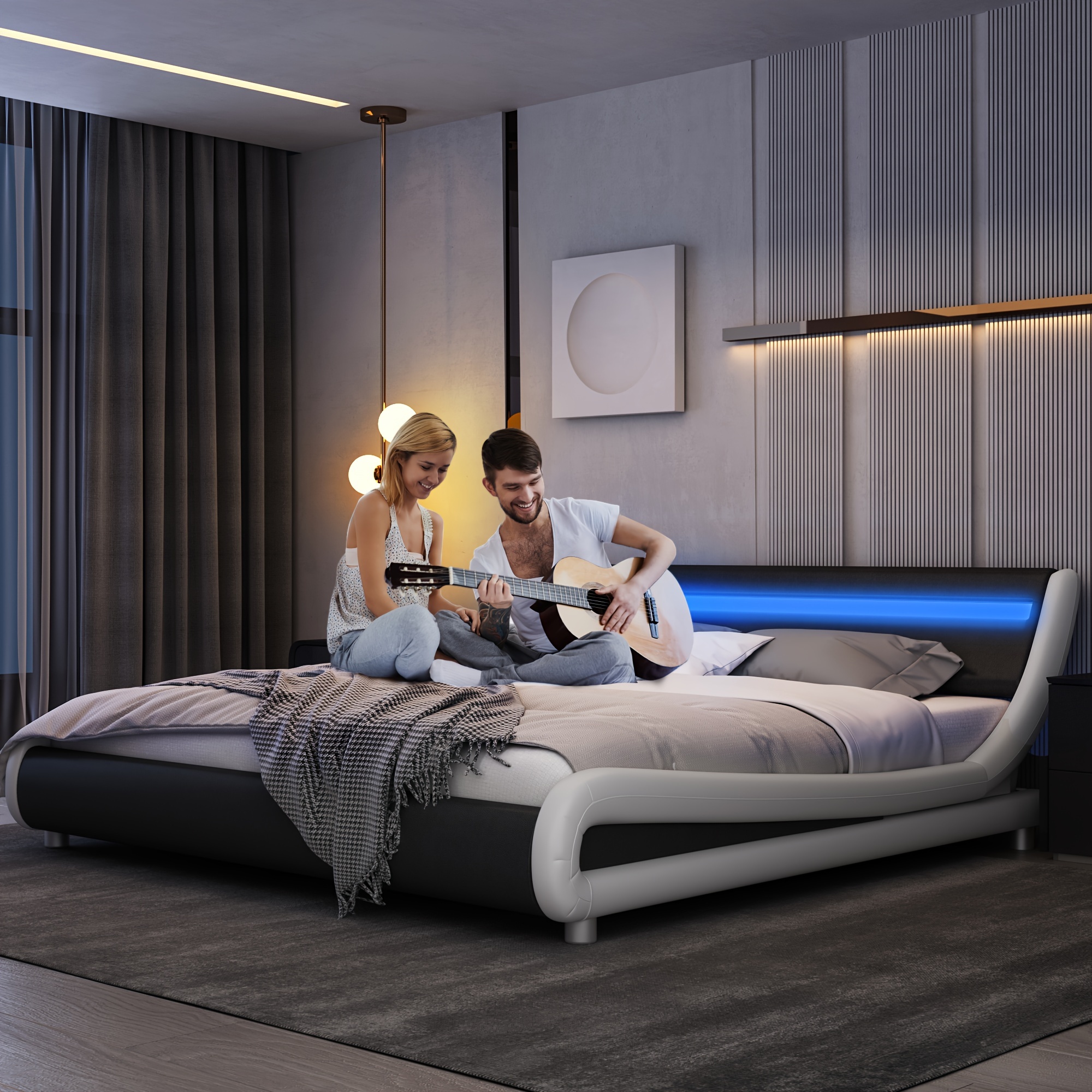 Elegant LED-Lit Adjustable Headboard Bed Frame - Modern Black Platform Bed with Sleek Faux Leather Upholstery & Wooden Slat Support, Easy Assembly, No Box Spring Needed for Contemporary Home Decor, Portable Bed