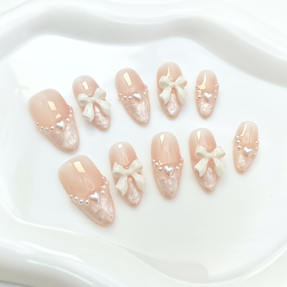 TEMU 10pcs Medium Almond-shaped Hand-press Nail Art Set, White Fake Nails, Ballet Wearable Nail Art, High-gloss Effect, , Suitable For Daily Wear,