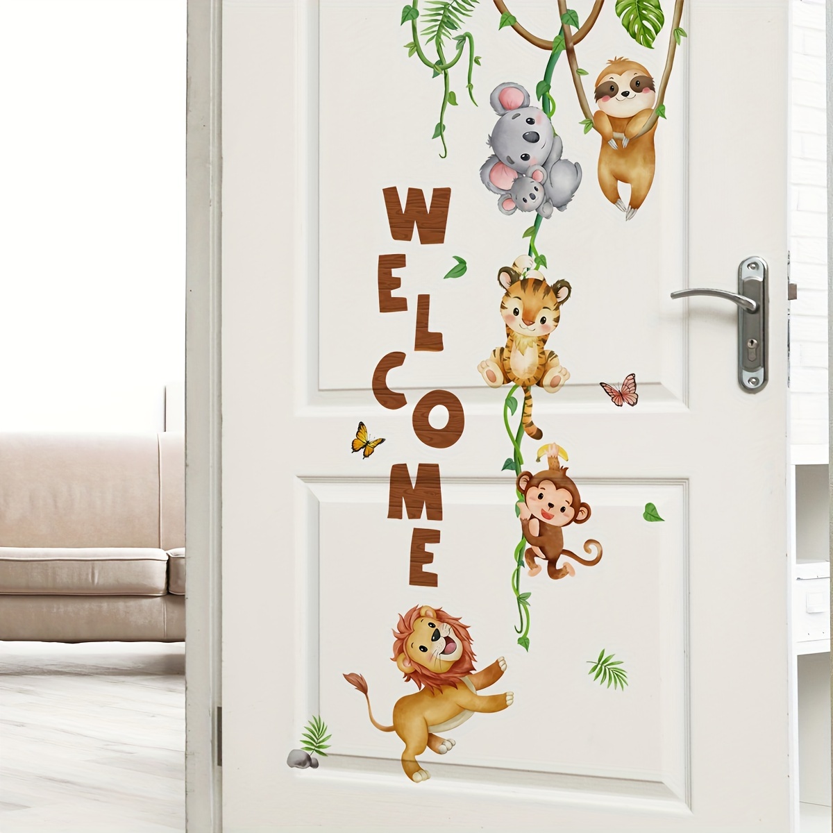 

1pc Artistic Pvc Wall Decal, 'welcome' Animals Vines Lion Mural, Self-adhesive Wall Art Sticker For Bedroom, Entryway, Living Room, Office, Porch, Background Wall Decor, Home Decoration