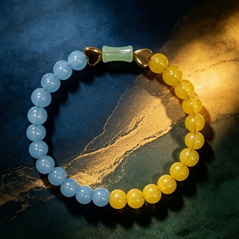 TEMU 1 stuks Blauw/Groen Patchwork Bamboe Armband, Hart Spacer Kralen Frisse Stijl Mannen Vrouwen Elastische Armband