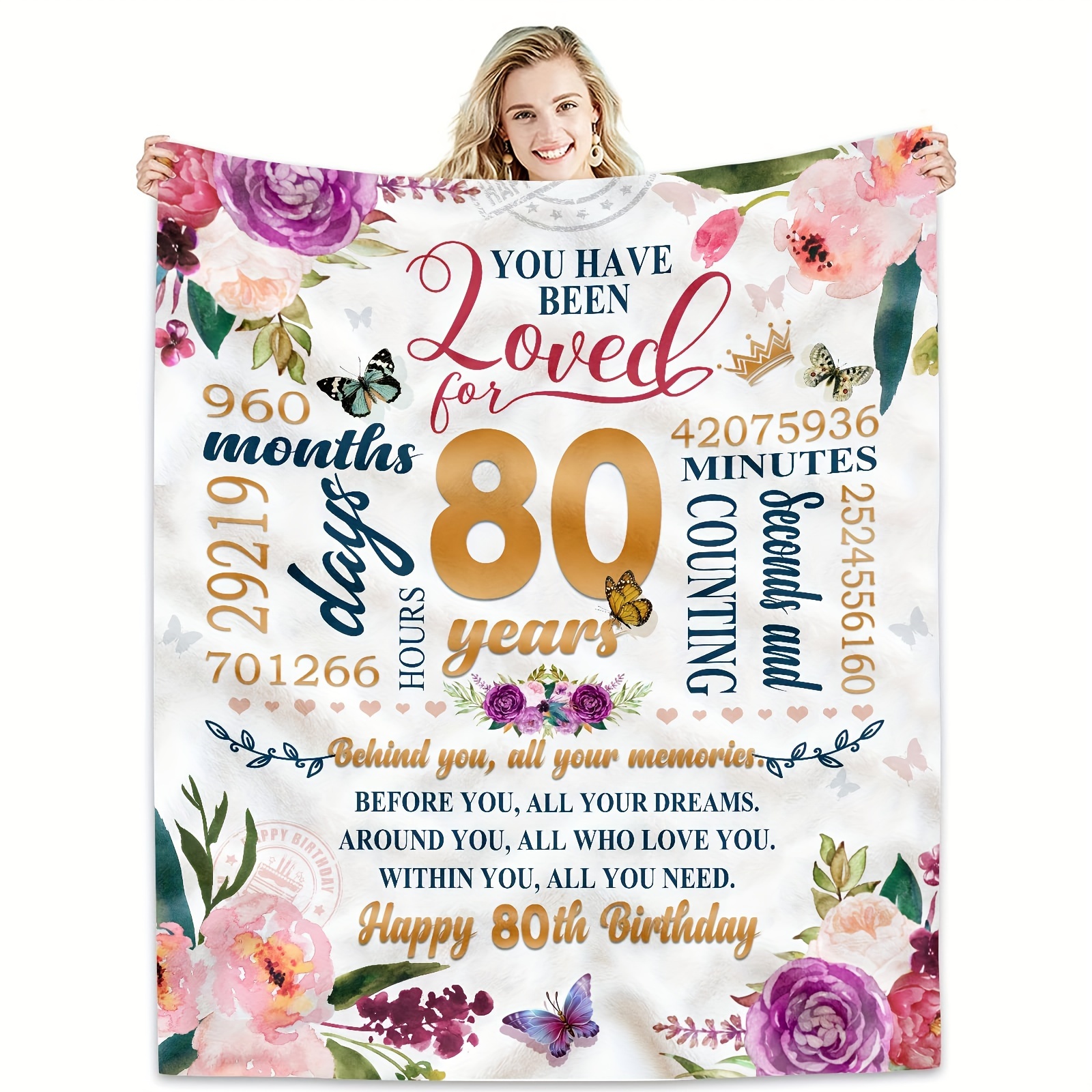 

Couverture de Fête pour le 80e Anniversaire pour Femme - Flanelle Douillette, Motif Floral, Lavable en Machine, Cadeau & Décoration