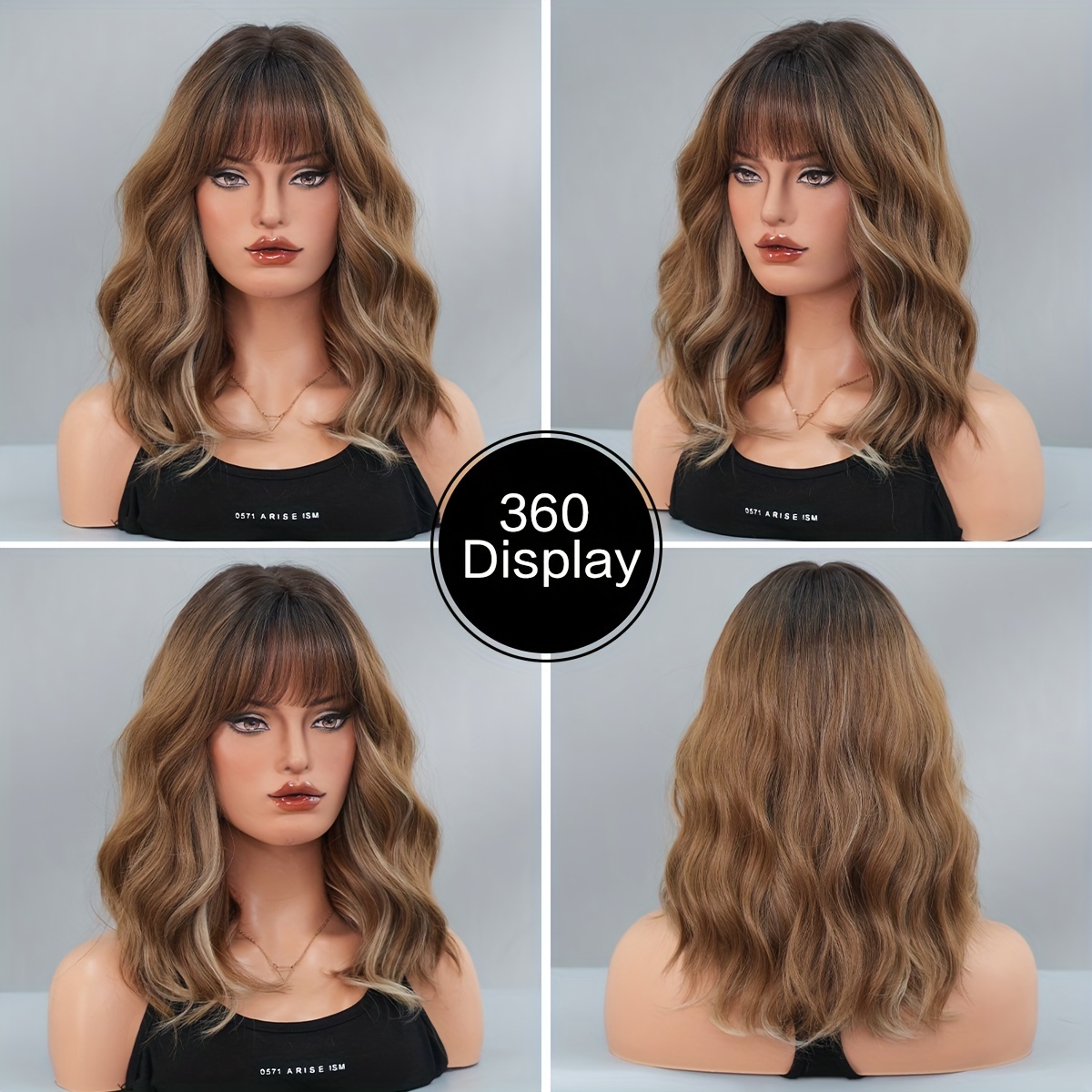 Women Ombre Dark Brown Heat Resistant Long Curly Shoulder Length Synthetic Wigs KOME Ombre Brown Wig with Bangs,Black mix Brown Highlight  main image 4