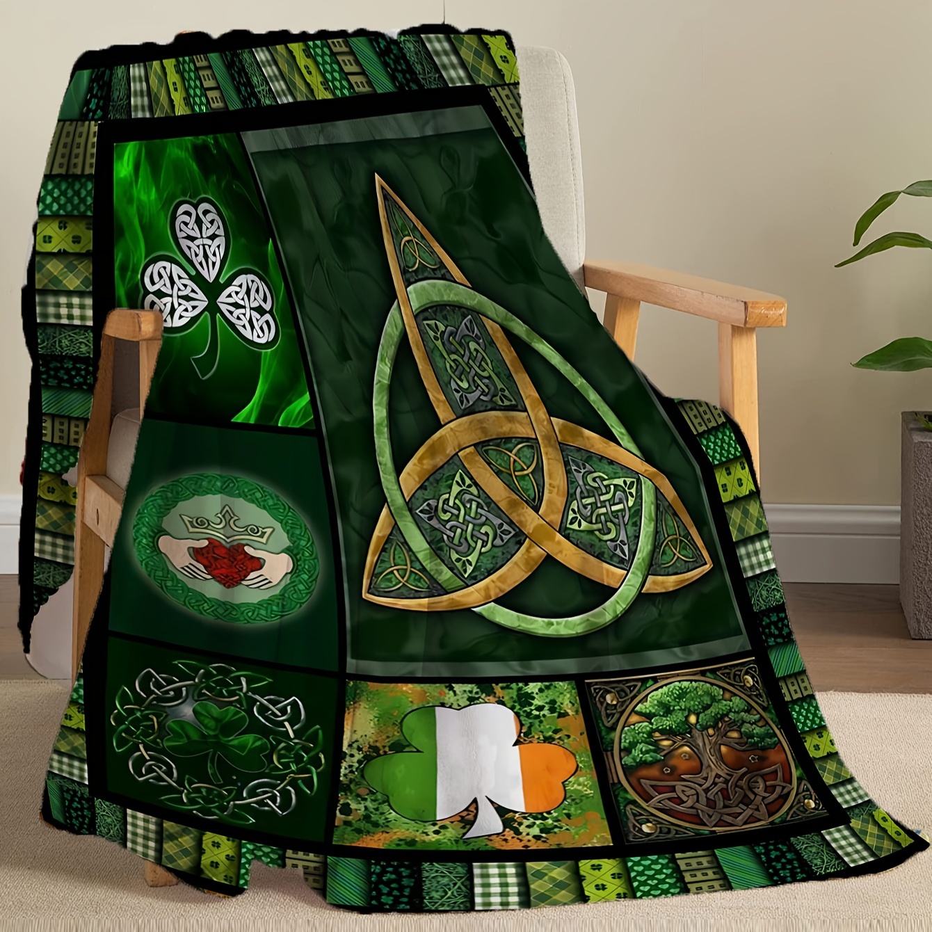 1  flannel fleece blanket contemporary celtic design with   and clover   throw green and black for home gift details 2