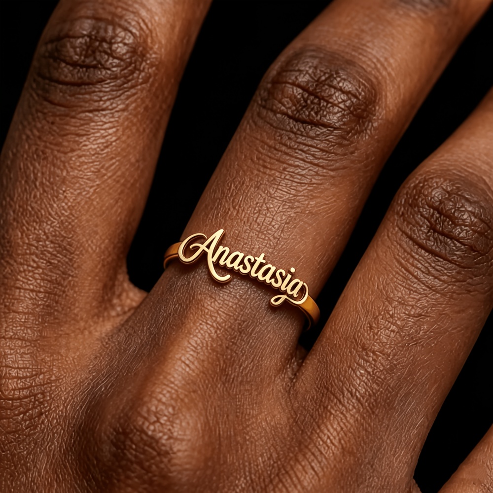 TEMU Anillo Dorado Personalizado con en Caligrafía, Anillo Abierto Personalizado con en , Placa de Acero Inoxidable Elegante Anillo Plateado, Joyería