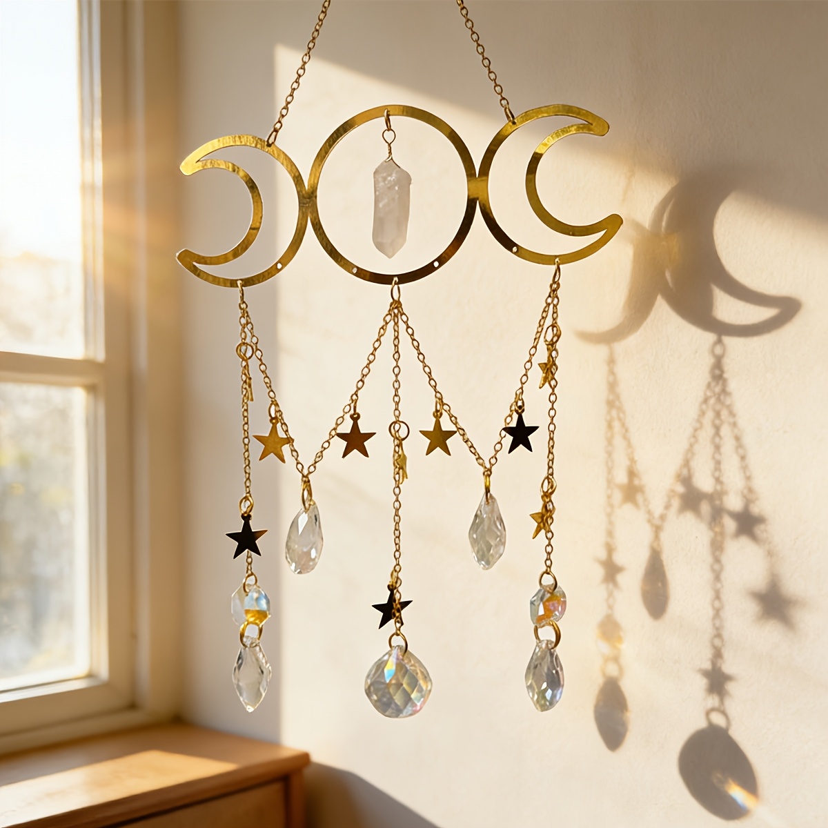 TEMU 1pc Elegant Crystal Wind Chime With Dreamcatcher, Bohemian Style With Moon, Stars, And Crystal Stones, For Wedding/window/car Decoration -