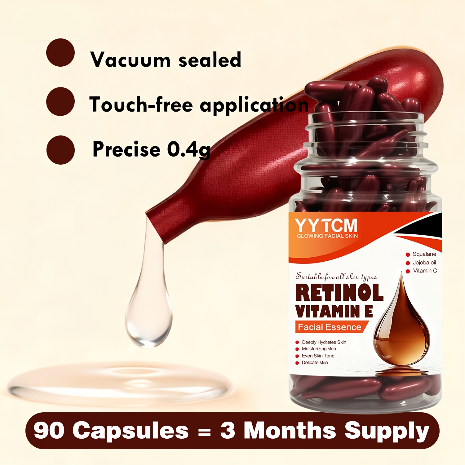 Retinol Vitamin E Deep Hydrating Capsule Essence, Hydrates, Firms, and Smooths Skin, Contains Plant Squalane and Vitamin C, Deep Hydration and Brightening Essence, 0.4g X 90 Capsules Per Bottle - 1 Bottle with Plant Squalane