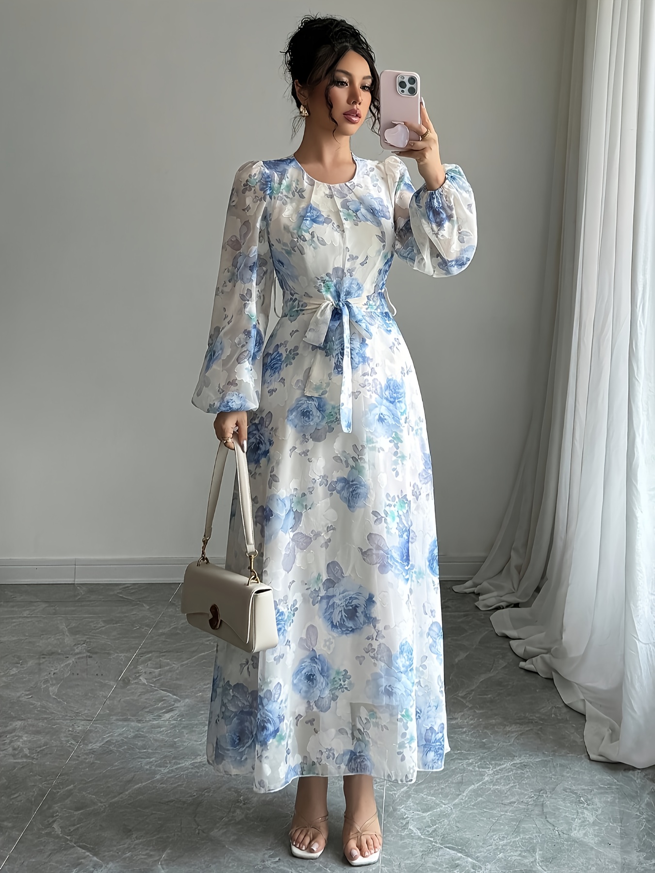 knee length dresses for ladies Elegant Long Sleeve Belted High Quality Maxi Dress Pink / S / CN main image 1