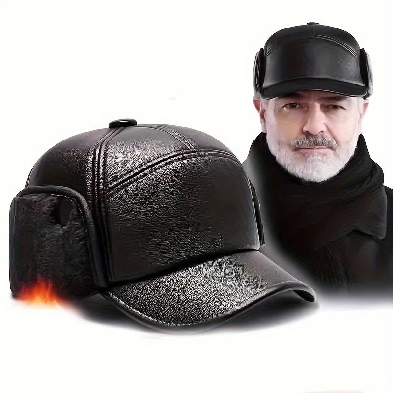 

Fleece-lined Pu Cap For Men - Ear ,